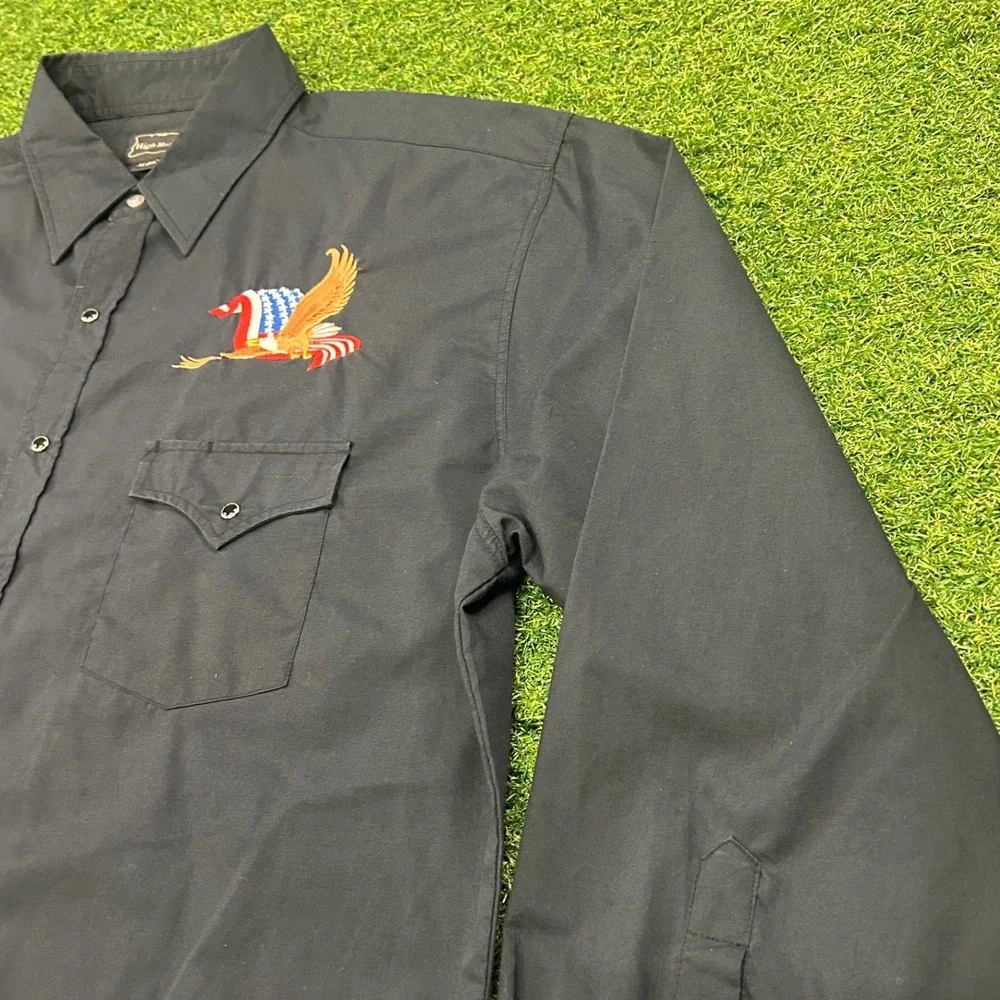 High Noon Mens XL Black Western Pearl Snap Shirt Eagle American Flag Embroidered